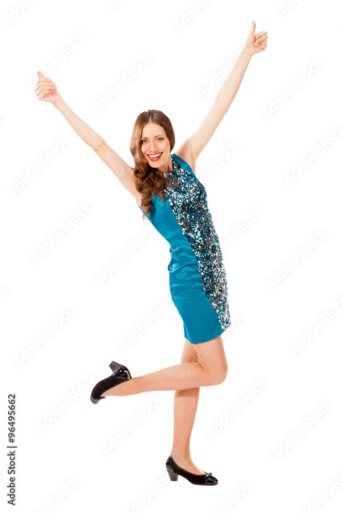 Obraz premium Young slim pretty woman in blue dress posing