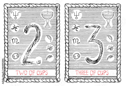 The tarot card. Two and three of cups