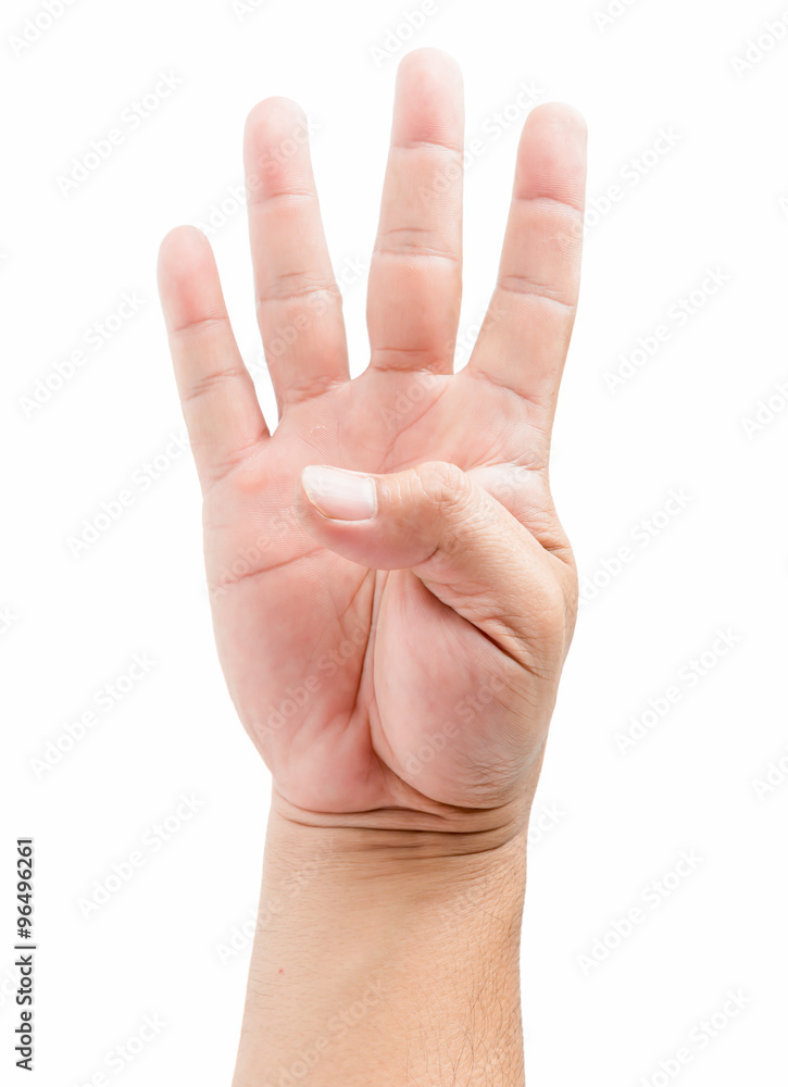 Naklejka premium Male hand holding four fingers up, With clipping path.