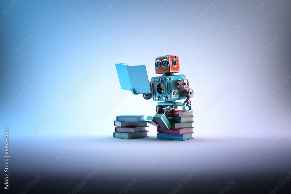 Obraz premium Robot sitting on a bunch of books. Contains clipping path