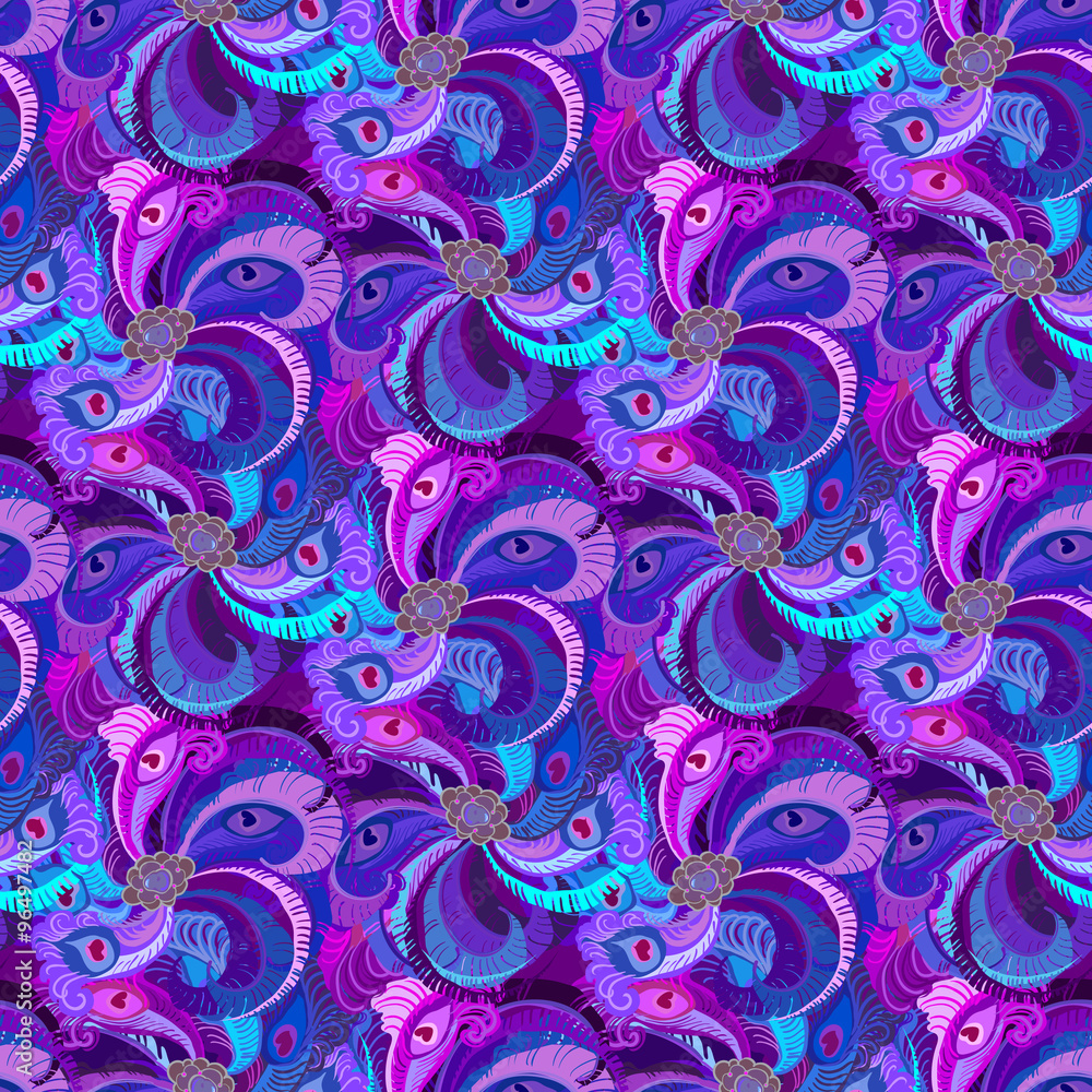 Violet, lilac and blue peacock feathers pattern background. Vintage design. Violet, lilac and blue peacock feathers pattern background. Vintage design.