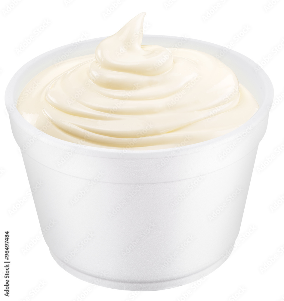 Mayonnaise sauce in the plastic cup. Mayonnaise sauce in the plastic cup.