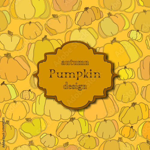 Golden autumn background with seamless pumpkin pattern and retro label.