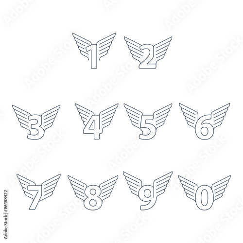 Numbers with wings. Linear design. Can be used for any transportation service or in sports areas.