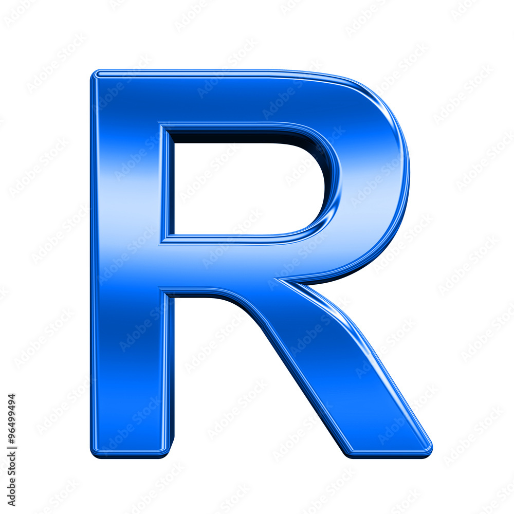 One letter from shiny blue alphabet set, isolated on white. Computer generated 3D photo rendering. One letter from shiny blue alphabet set, isolated on white. Computer generated 3D photo rendering.