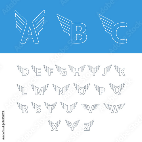 Alphabet letters with wings. Linear design. Can be used for any transportation service or in sports areas.