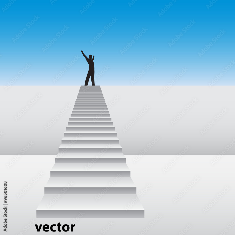 Conceptual 3D happy man on a white stair Conceptual 3D happy man on a white stair
