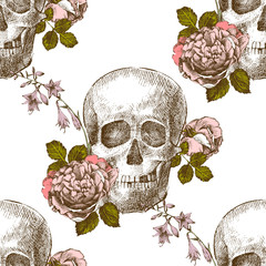 Sierkussen Doodshoofd met bloemen patronen Naadloos schedel motief met bloesems  © Marina Gorskaya
