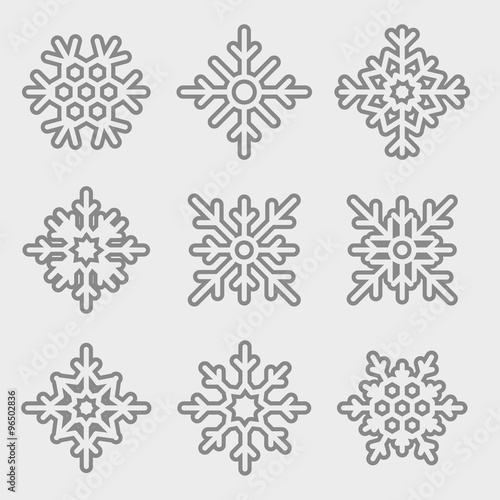 Vector Set of linear Snowflakes. Thin line snowflakes isolated on  light background.