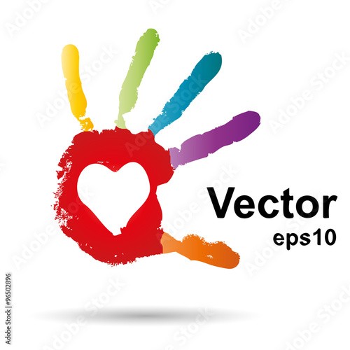 Vector onceptual children painted hand print and heart isolated