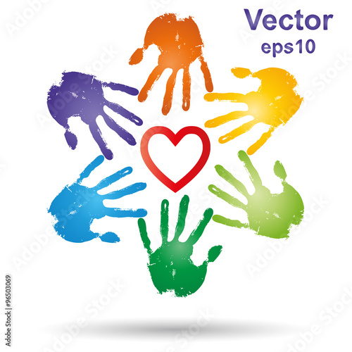 Vector conceptual children painted hand print and heart isolated