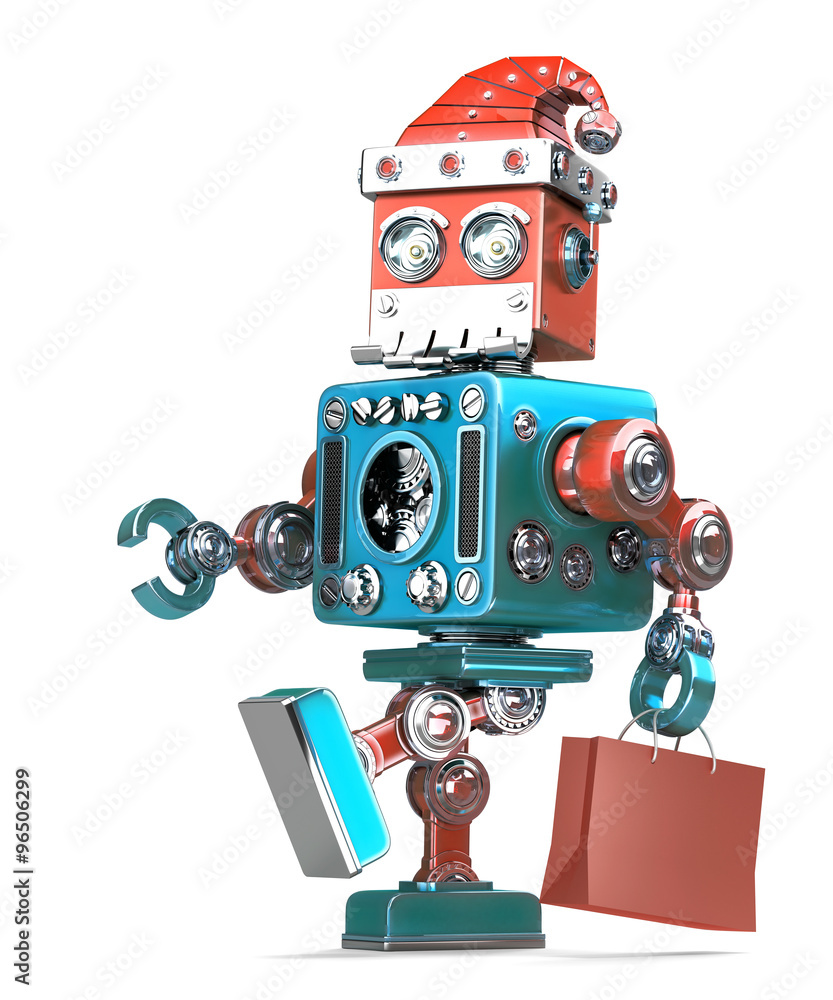 Fototapeta premium Robot Santa walks with shopping bag. Isolated. Contains clipping path