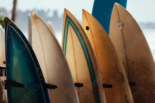 Photography Set of different color surf boards in a stack by ocean