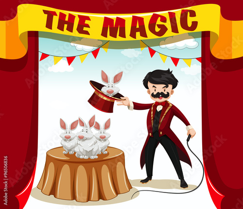 Magic show with magician and rabbits