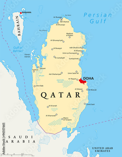 Qatar political map with capital Doha, national borders, important cities, salt pans and reefs. English labeling and scaling. Illustration.