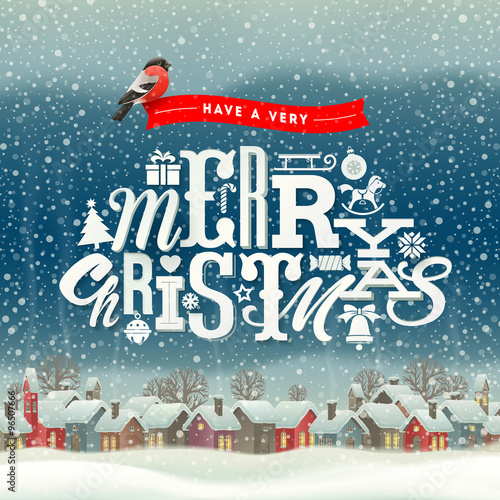 Christmas greeting type design with winter village scene