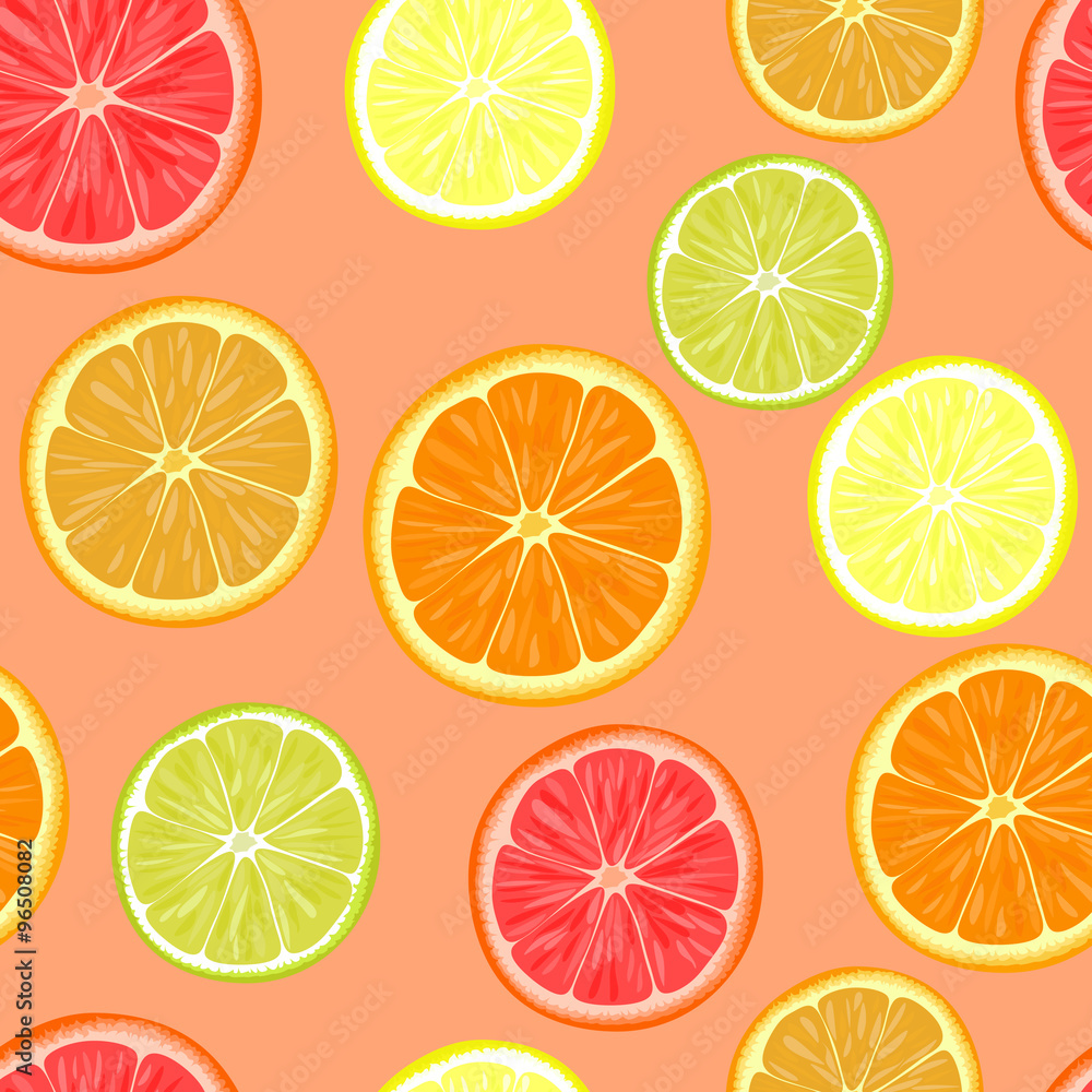 Repeating seamless pattern of different citruses.