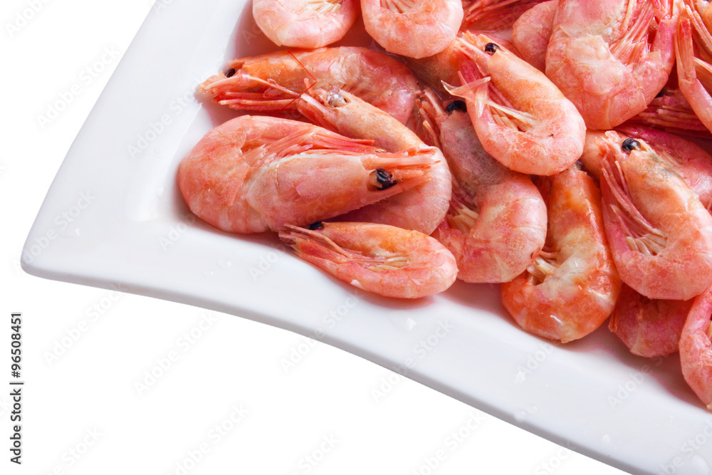 Shrimps on a square dish, isolated on white Shrimps on a square dish, isolated on white