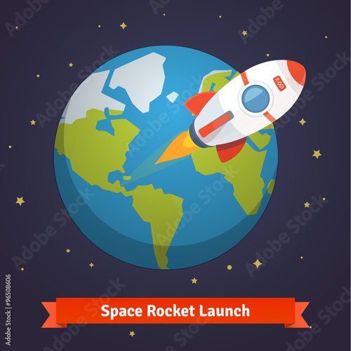 Cartoon space rocket leaving earth orbit