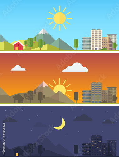 City and landscape in different times of day
