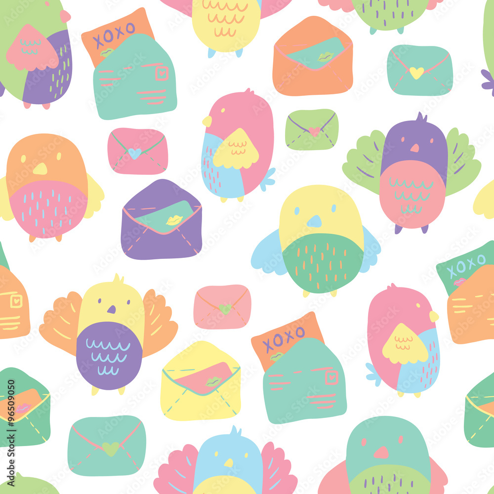 Love Letter seamless vector pattern with adorable lovebirds and letters. Hand drawn texture for fabrics, paper and web. St.Valentines Day.