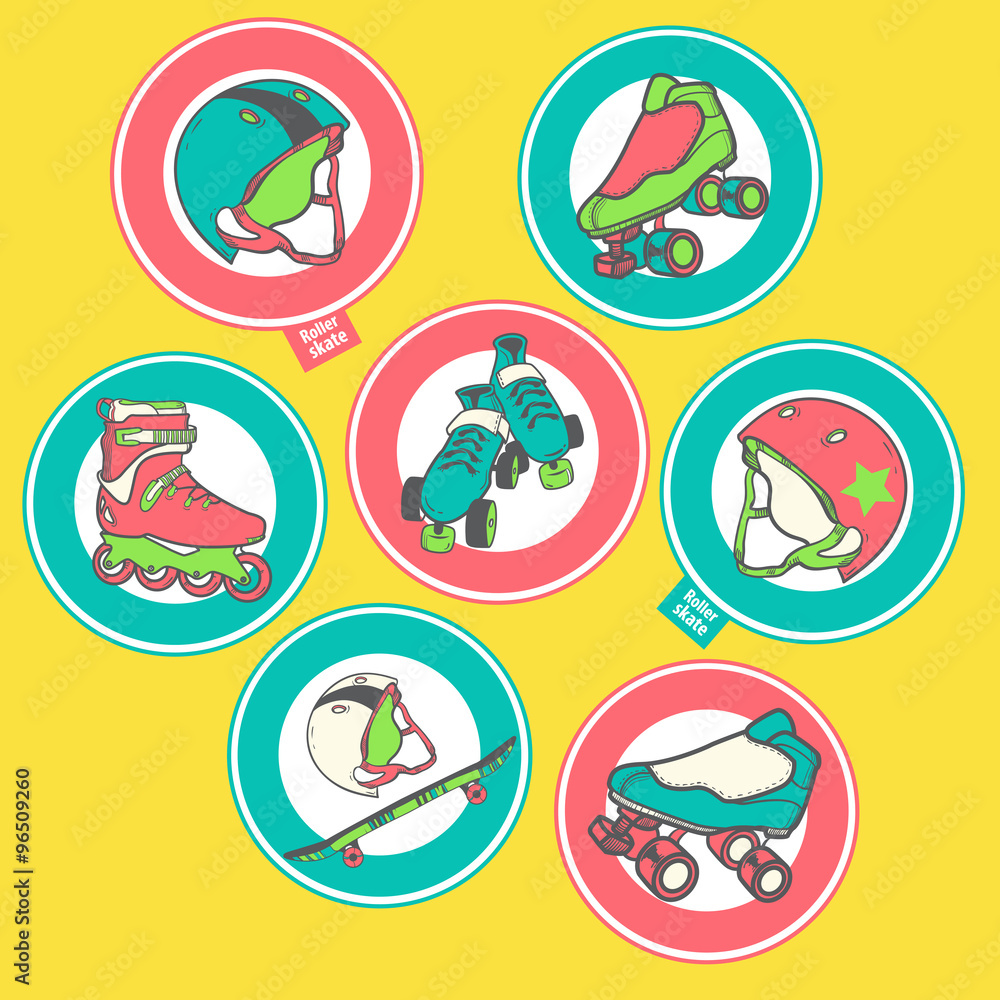 Set of icons on the theme of roller skating, skateboarding, roller derby. Helmet, skates, skateboards, quads Set of icons on the theme of roller skating, skateboarding, roller derby. Helmet, skates, skateboards, quads