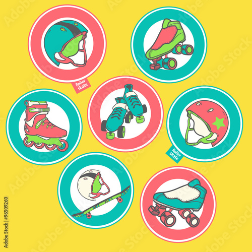Set of icons on the theme of roller skating, skateboarding, roller derby. Helmet, skates, skateboards, quads