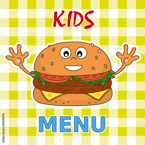  kids menu. Funny burger with face and hands