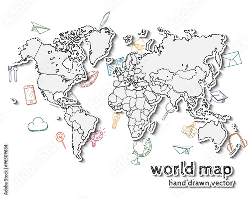 Hand drawn realistic world map.