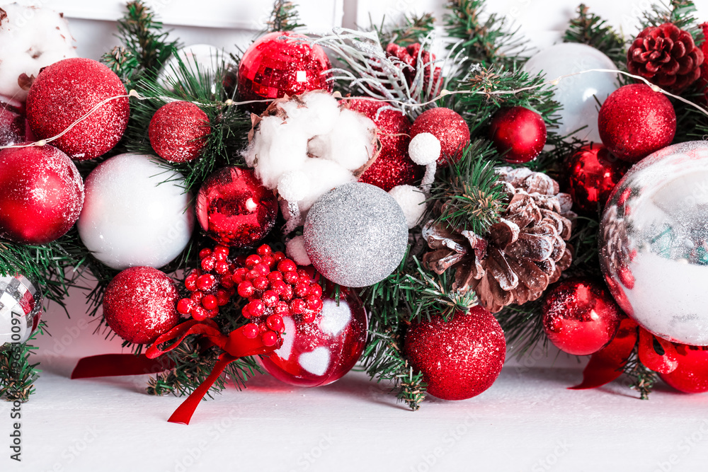 beautiful Christmas Decoration with Snow, buds and christmas balls
