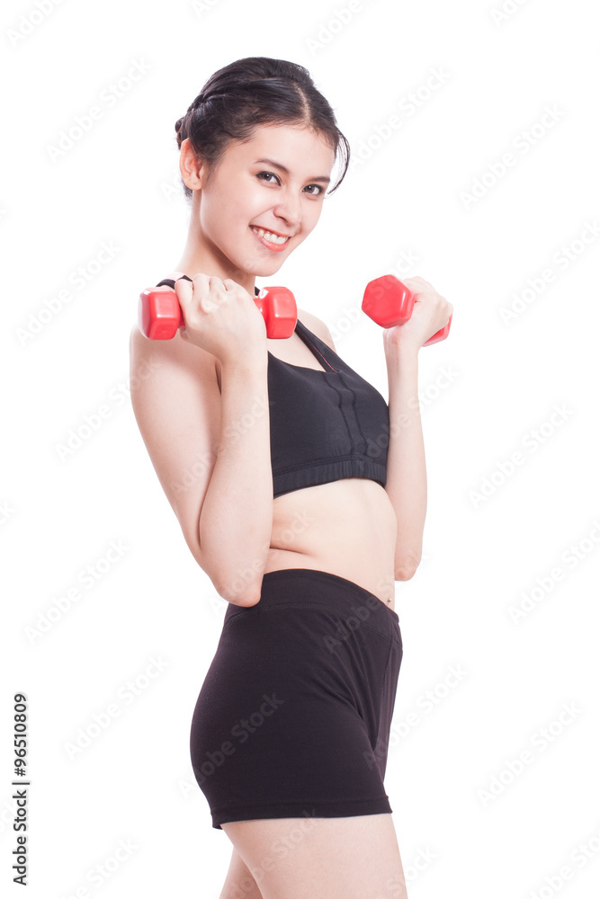 Portrait of young sport woman with lifting weights and holding apple. healthy concept Portrait of young sport woman with lifting weights and holding apple. healthy concept