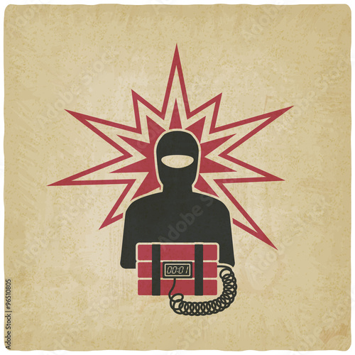 terrorist with bomb old background