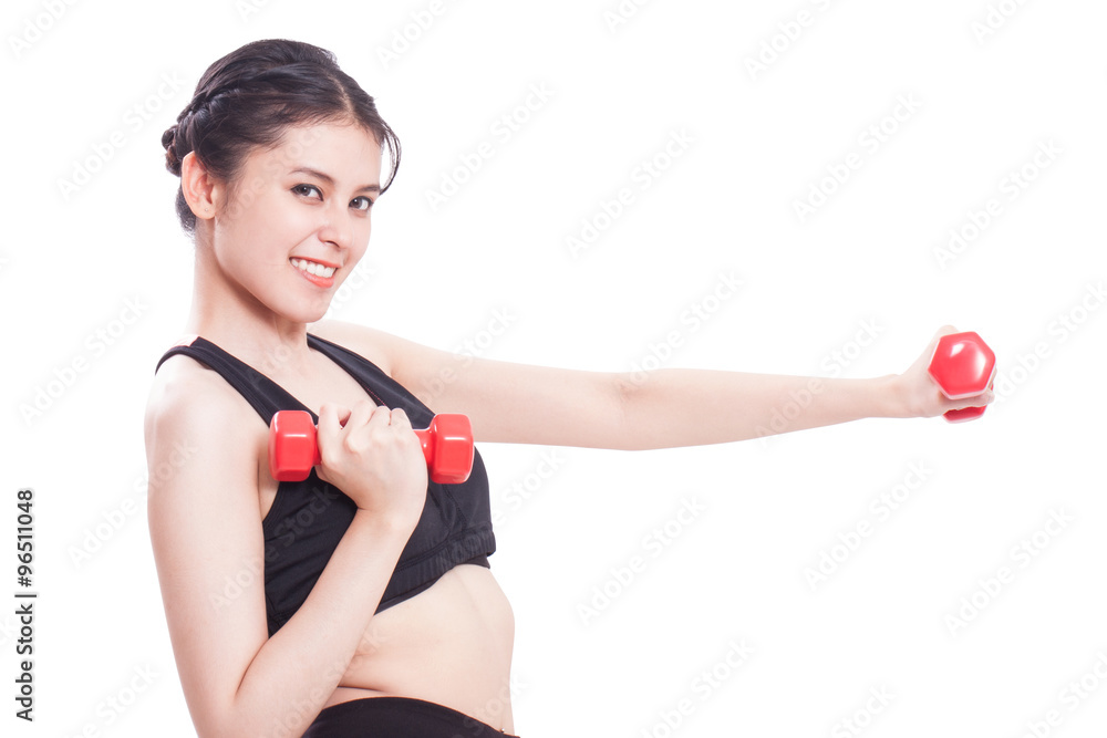 Portrait of young sport woman with lifting weights and holding apple. healthy concept Portrait of young sport woman with lifting weights and holding apple. healthy concept