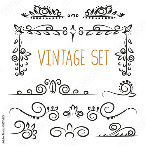 Vintage ornamental decorative elements. Calligraphic corners and frames. Hand drawn vector set.