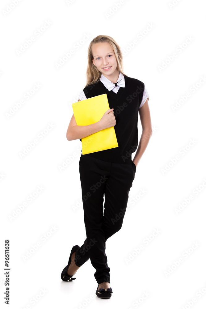 Smiling school girl with yellow folder Smiling school girl with yellow folder