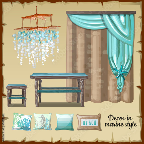 Set of decor and furniture in a nautical style, blue and beige tones