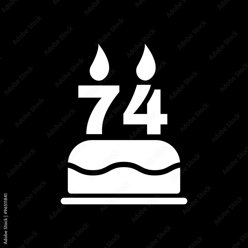 The birthday cake with candles in the form of number 74 icon. Birthday symbol. Flat The birthday cake with candles in the form of number 74 icon. Birthday symbol. Flat