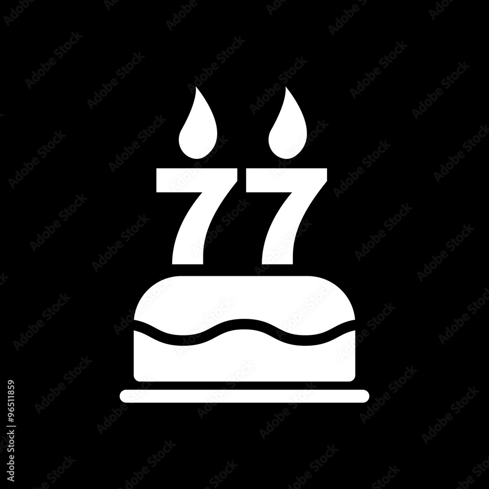 Obraz premium The birthday cake with candles in the form of number 77 icon. Birthday symbol. Flat