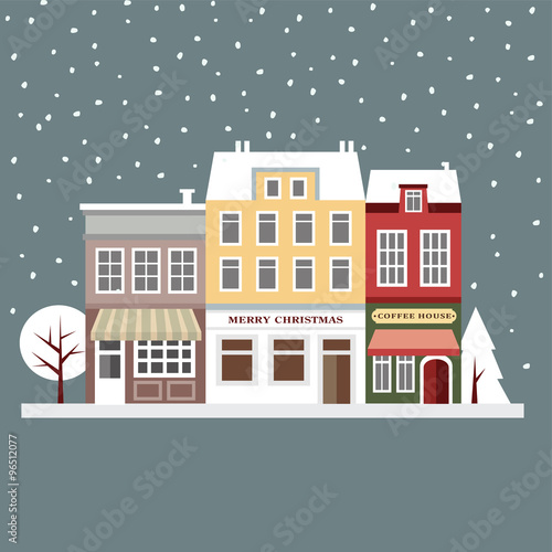Cute christmas card with houses, winter snowy scene, flat design, vector