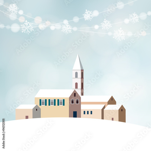 Christmas greeting card with winter snowy landscape, little village with church and lights, vector