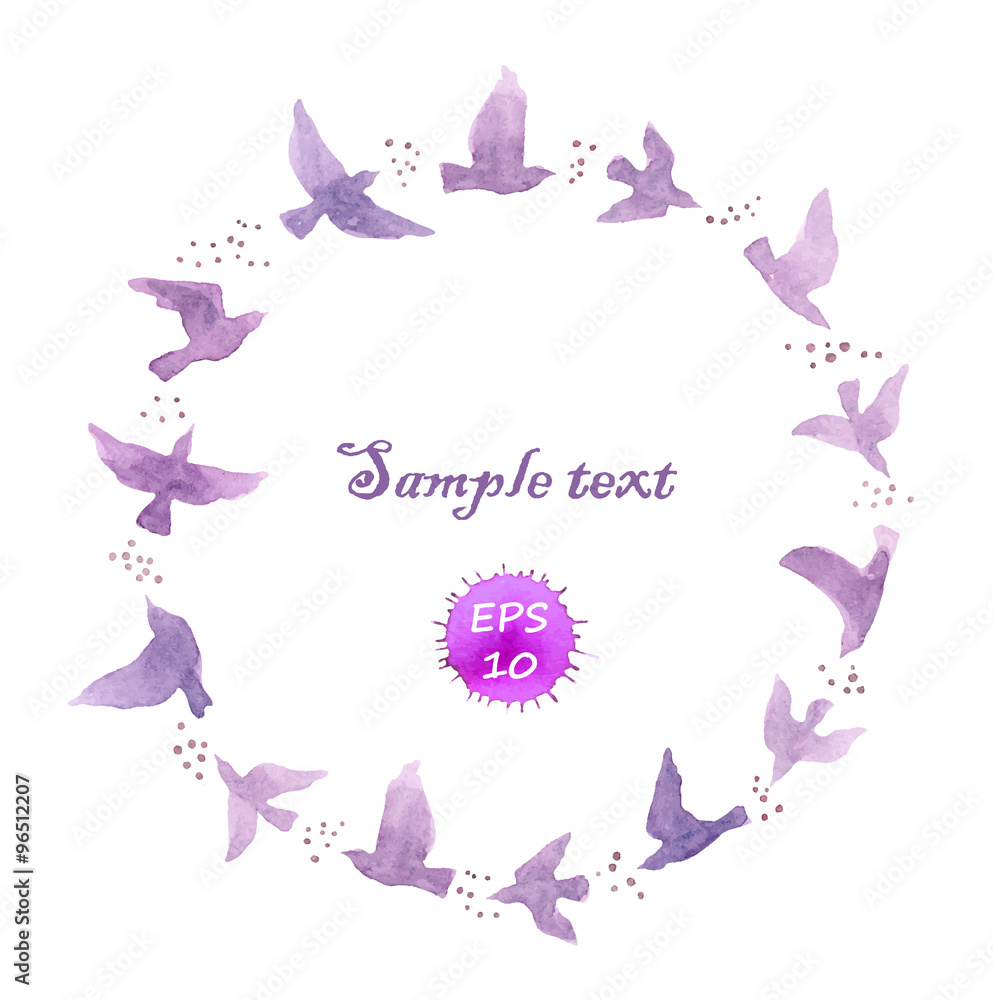 Wreath border with flying birds. Watercolor vector isolated
