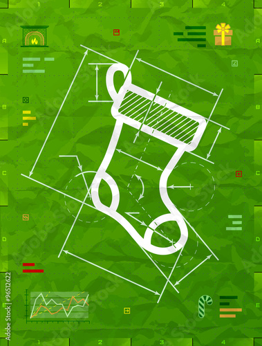 Christmas stocking symbol as blueprint drawing on crumpled paper
