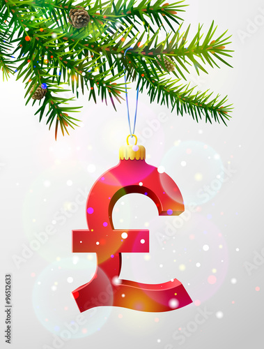 Christmas tree twig with pound sterling symbol. Pound as bauble