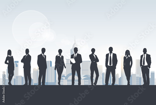 Business People Group Silhouette  Businesspeople Over City Modern Office Buildings Concept