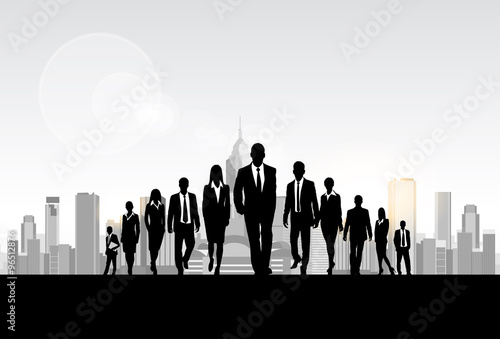 Business People Group Silhouette, Businesspeople Walk Forward City Modern Office Buildings