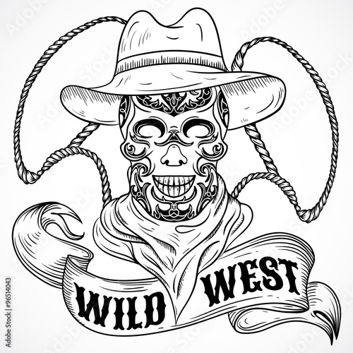 Wild west. Vintage poster with scull cowboy, lasso and ribbon banner .Retro hand drawn vector illustration in sketch style