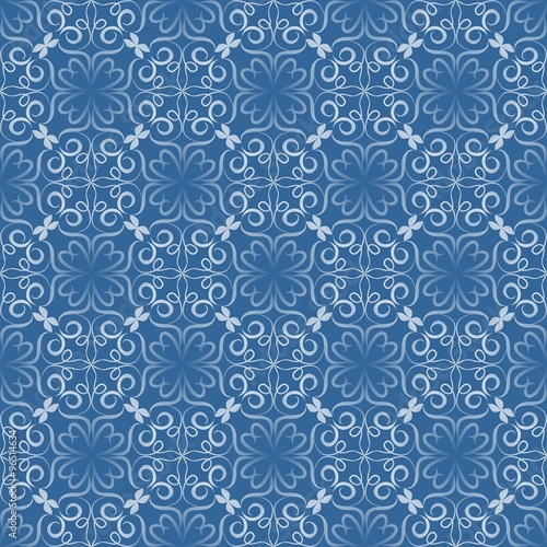 Seamless decorative vector tile with white filigree lace patterns on blue background in art nouveau style. Vintage background with geometric regular ornament