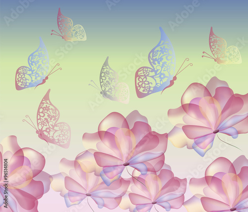 Flawless flowers and butterflies. Stylized, transparent and multicolored past...
