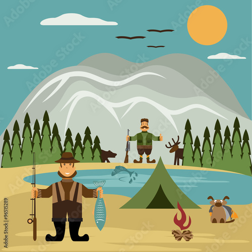 Flat design illustration with fisherman and hunter. Vector