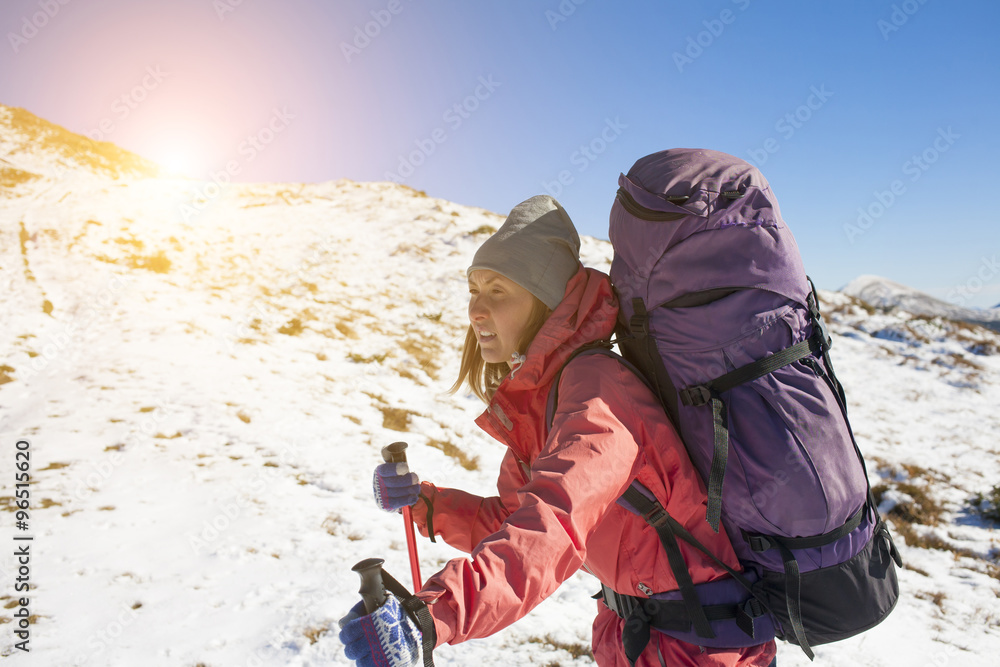 Fototapeta premium Active girl with a backpack.